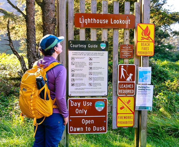 A hiker with a yellow backpack reads the rules and courtesy guide posted at the Lighthouse Lookout trailhead, an Oregon State Parks day-use area open dawn to dusk.