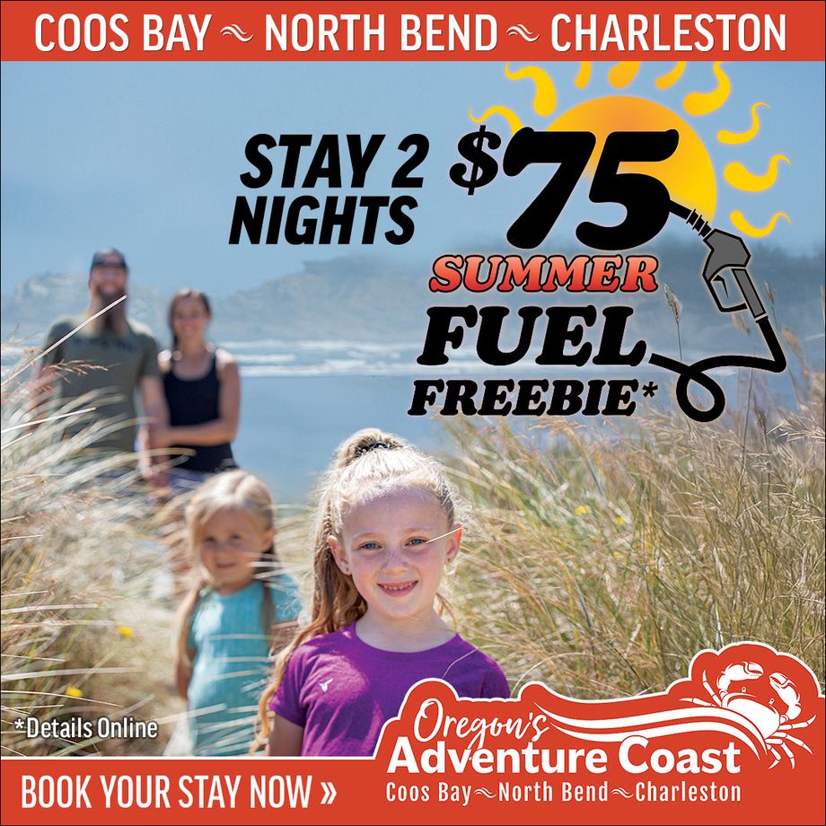 A family of four enjoys a coastal trail among beach grasses with ocean views in the background. Text reads: Stay 2 Nights, $75 Summer Fuel Freebie. Details online. Book Your Stay Now. Oregon’s Adventure Coast, Coos Bay, North Bend, Charleston.