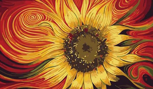 A sunflower painting done in golds, reds and greens.