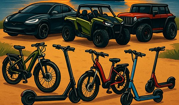 Image includes illustrations of a car, off-road vehicles, bikes, and scooters.