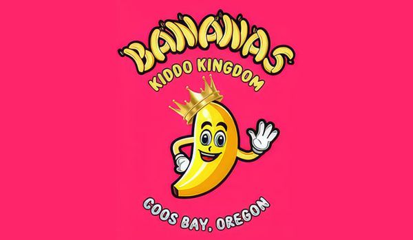 Bananas Kiddo Kingdom logo featuring a smiling cartoon banana wearing a crown and waving, with the business name and "Coos Bay, Oregon" on a bright pink background.