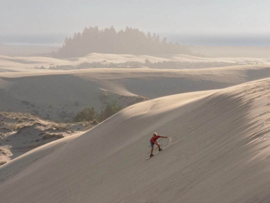 A child sandboards down a steep sand dune at the Oregon Dunes National Recreation Area, with rolling dunes, patches of greenery, and a misty tree line visible in the background.