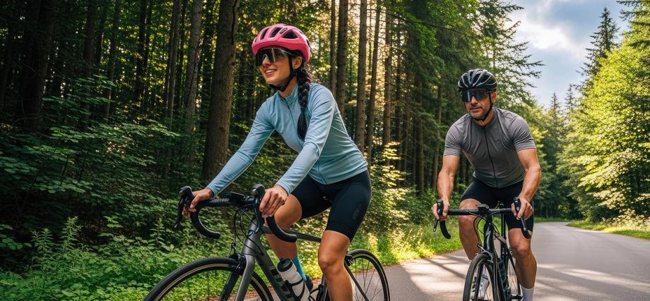 Two road cyclists ride side by side on a paved road through a lush green forest.