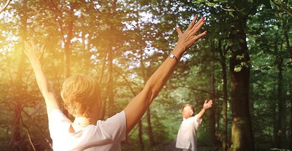 Two people raising their arms in a sunlit forest, embracing the warmth and openness of the natural surroundings.