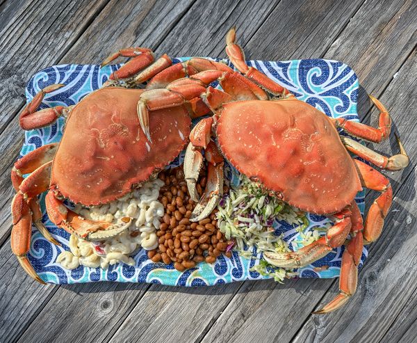 Two whole cooked Dungeness crabs served on a platter with macaroni salad, beans, and coleslaw.