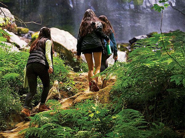 Three women hike up a rocky, fern-lined trail toward a waterfall at Silver Falls on Oregon's Adventure Coast.