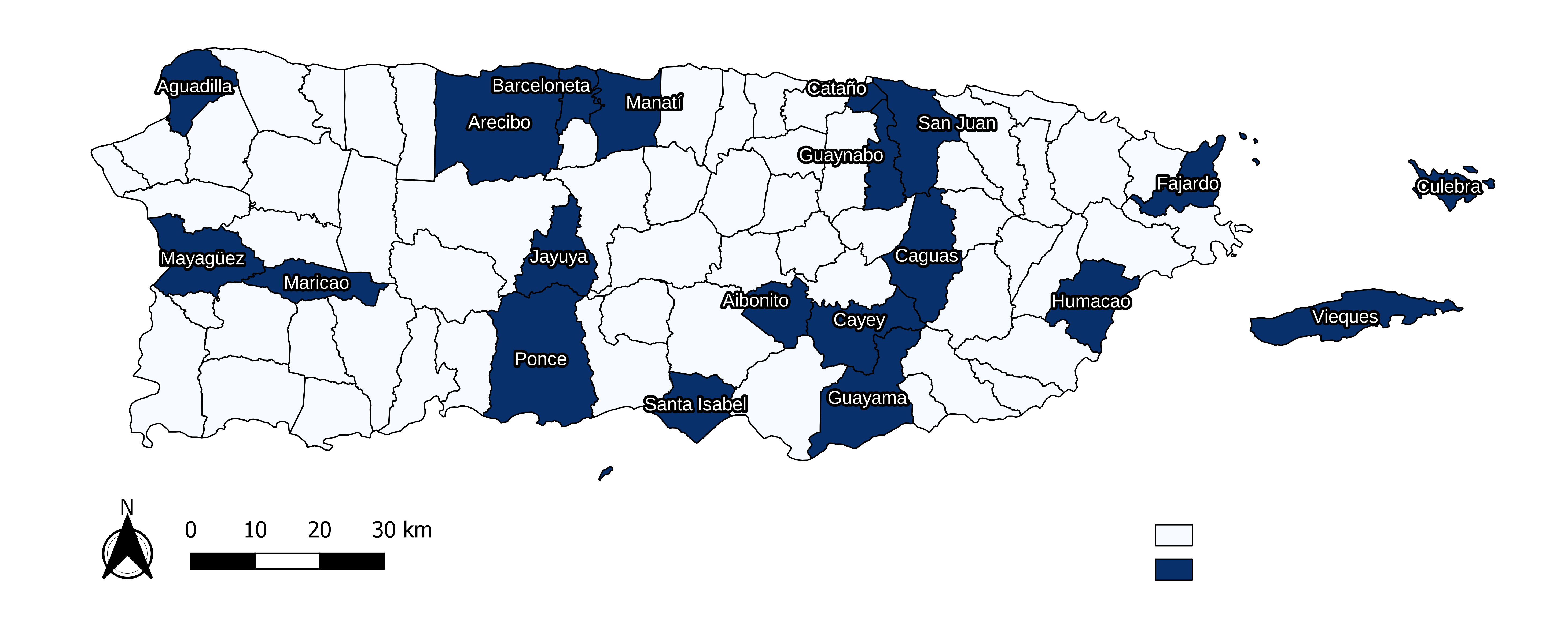 Mapa de municipios que son focos de empleo en Puerto Rico