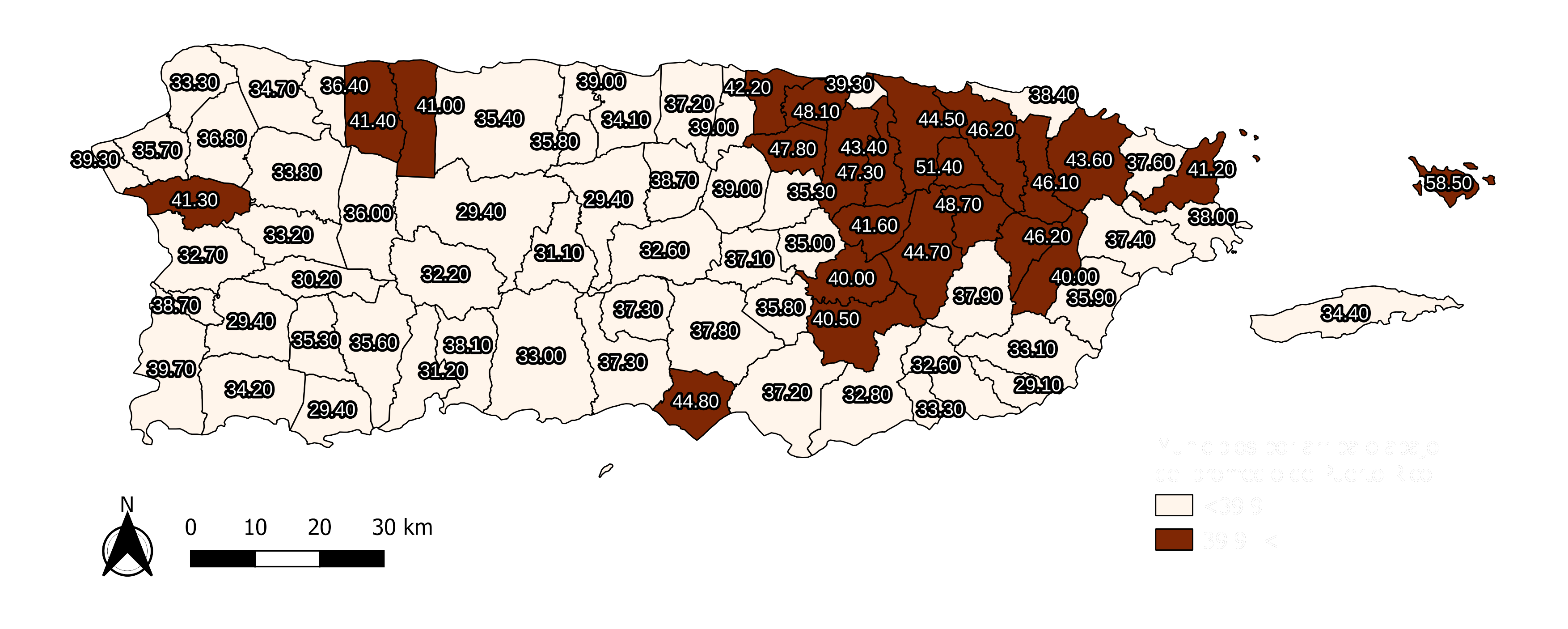 Mapa de municipios sobre y bajo el promedio de Puerto Rico en ratio de empleados sobre población