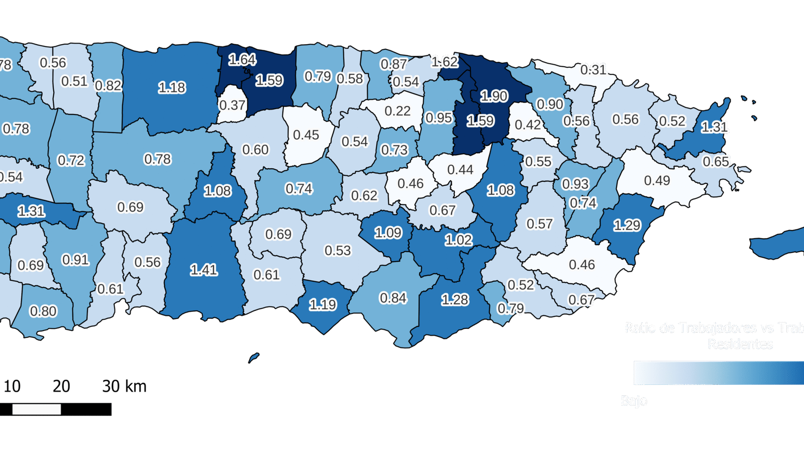 Mapa de ratio de trabajadores vs trabajadores-residentes por municipio en Puerto Rico