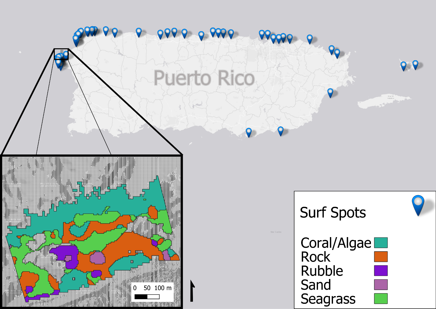 Mapa de Puerto Rico con los surf spots marcados a lo largo de la costa y un acercamiento al fondo marino de un spot del noroeste, clasificado en coral/algas, roca, rubble, arena y praderas marinas
