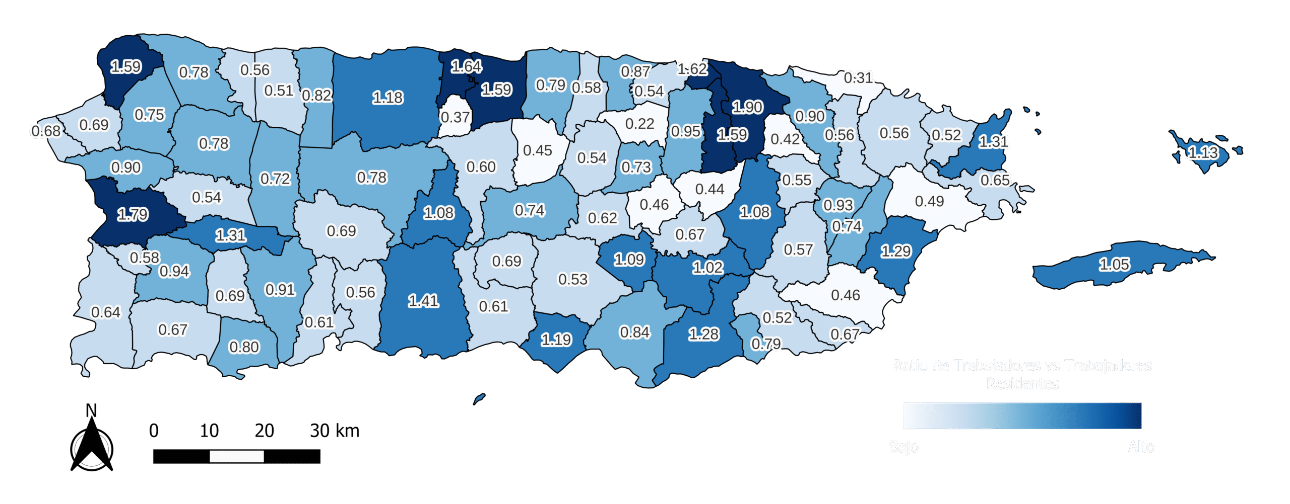 Mapa de ratio de trabajadores vs trabajadores-residentes por municipio en Puerto Rico