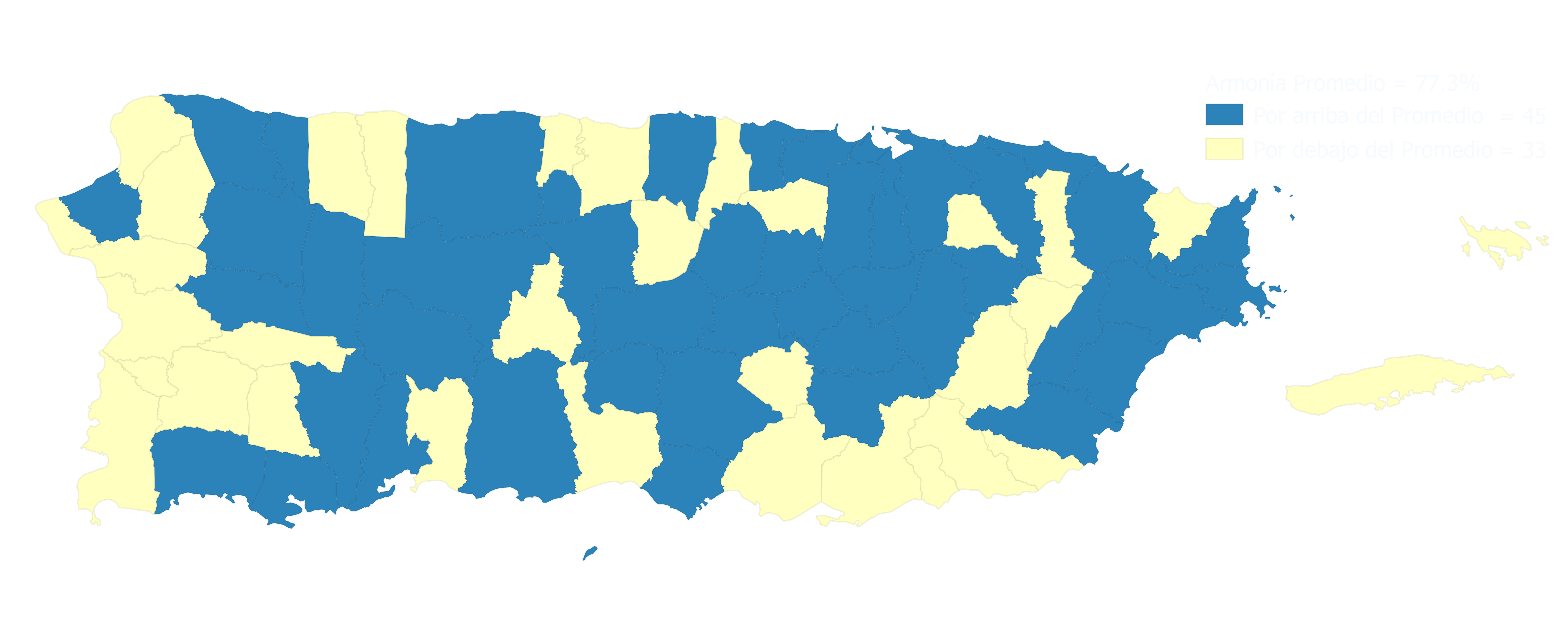Mapa de Puerto Rico por municipio mostrando cuáles están por encima o por debajo del promedio de armonía de 74.5%