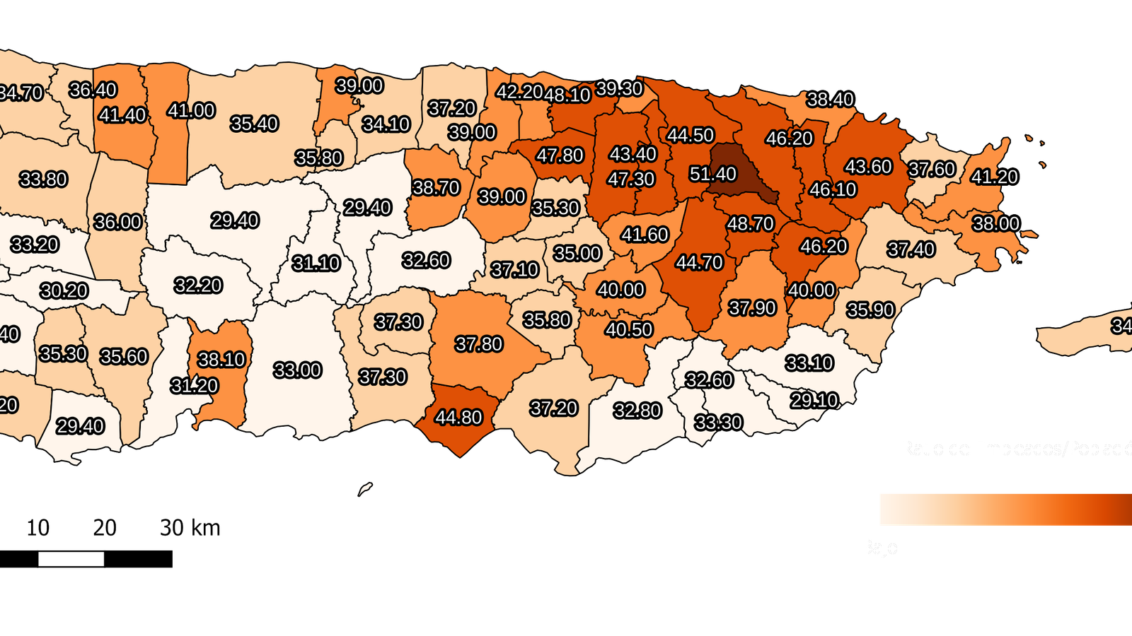 Mapa de ratio de empleados sobre población de 16 años o más por municipio en Puerto Rico