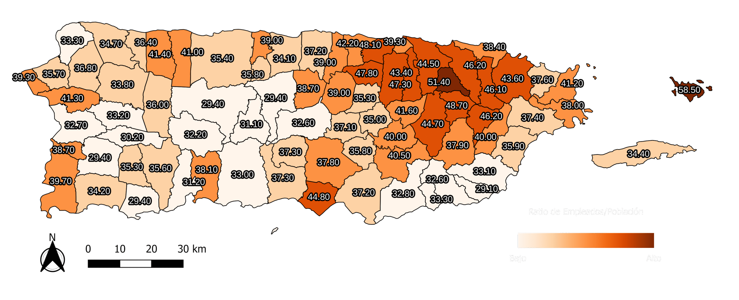 Mapa de ratio de empleados sobre población de 16 años o más por municipio en Puerto Rico