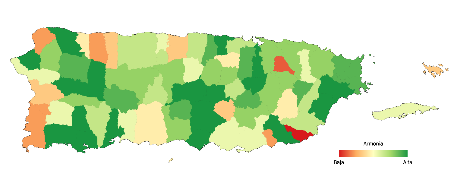 Mapa de Puerto Rico por municipio mostrando el índice de armonía entre salarios e ingreso de los hogares, de baja (rojo) a alta (verde)