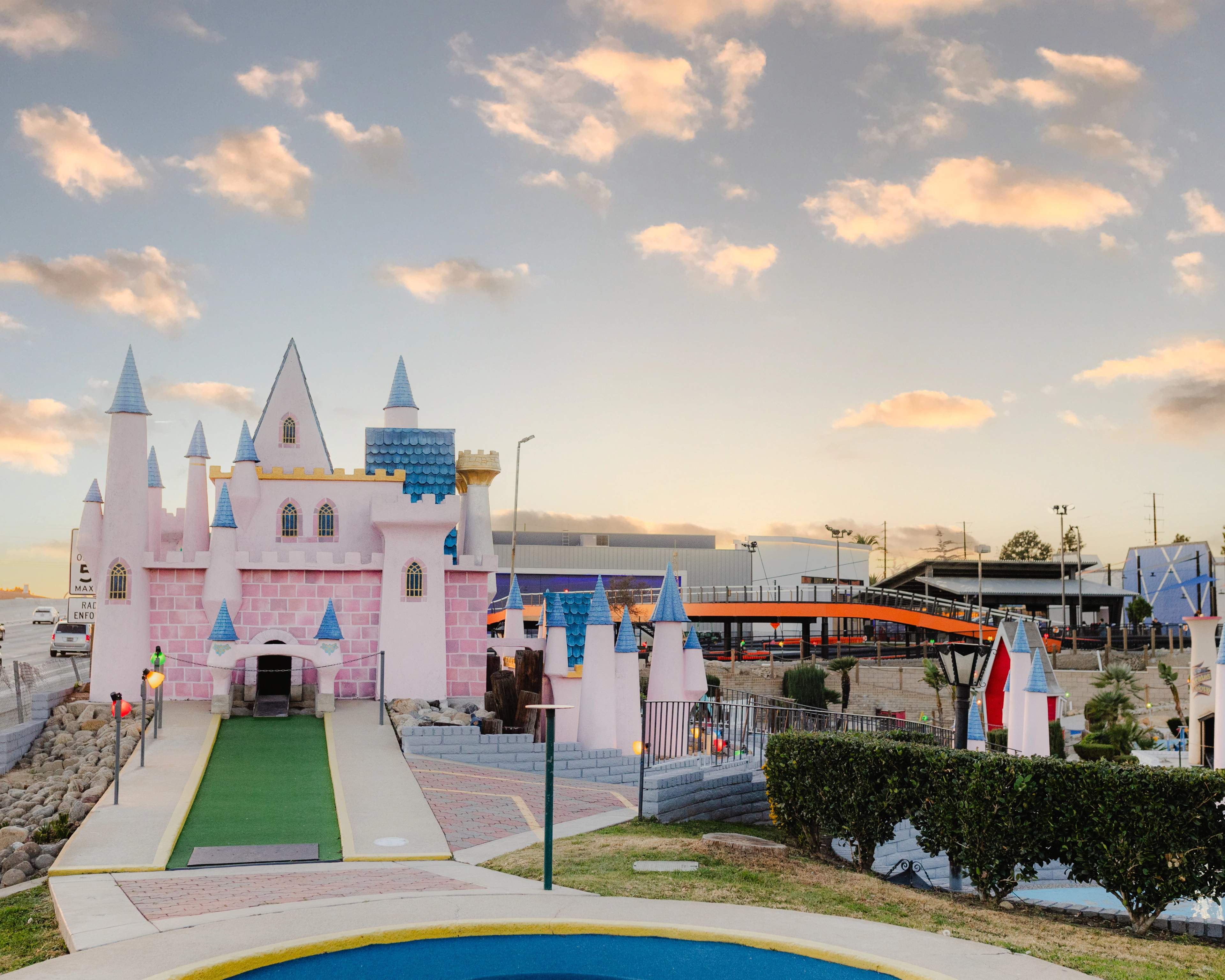 Castle and miniature golf course at sunset at Bullwinkle's Upland