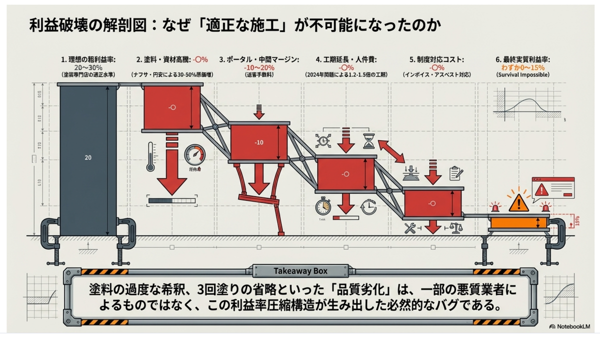利益破壊の解剖図：理想の粗利益率20-30%が、塗料・資材高騰、ポータル中間マージン10-20%、工期延長、制度対応コストで圧縮され、最終実質利益率0-15%になるプロセスを示した図。品質劣化は悪質業者のせいではなく、利益率圧縮構造の必然的なバグ。