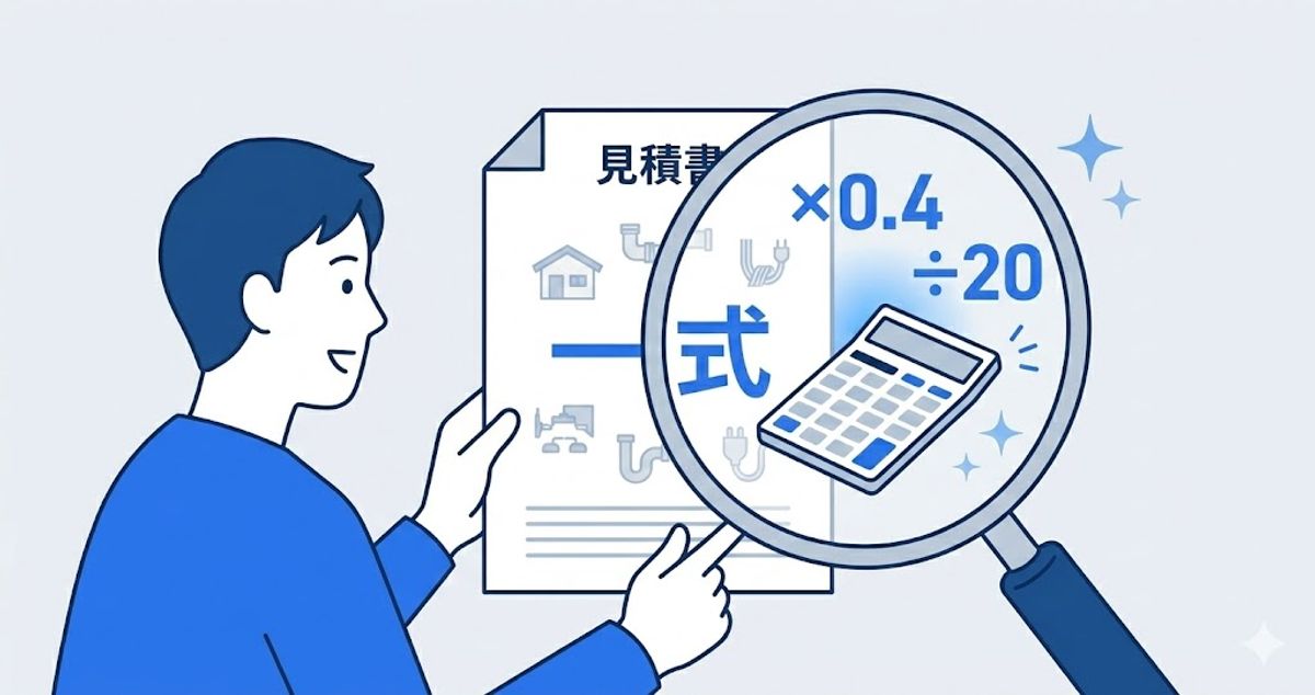 見積書を虫眼鏡で逆算チェックする消費者のイラスト — ×0.4 ÷20の計算式