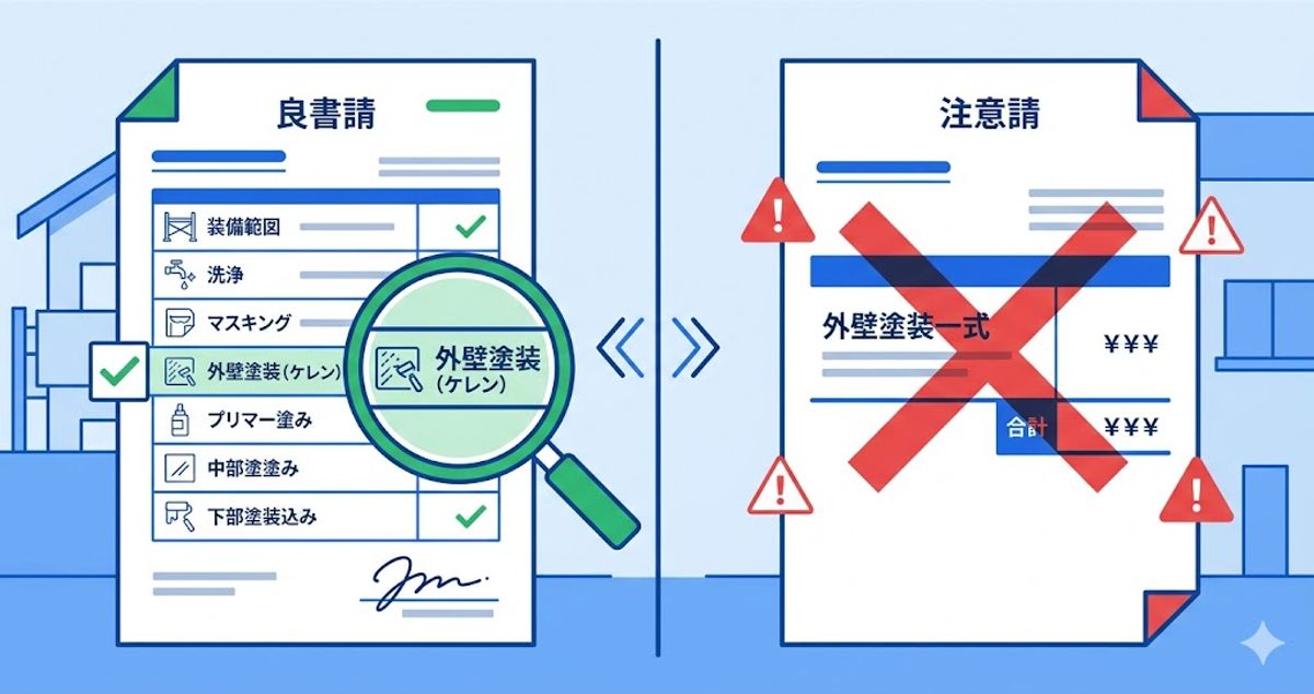 良い見積書(工程別にケレンが明記)と注意な見積書(外壁塗装一式のみ)の比較イラスト