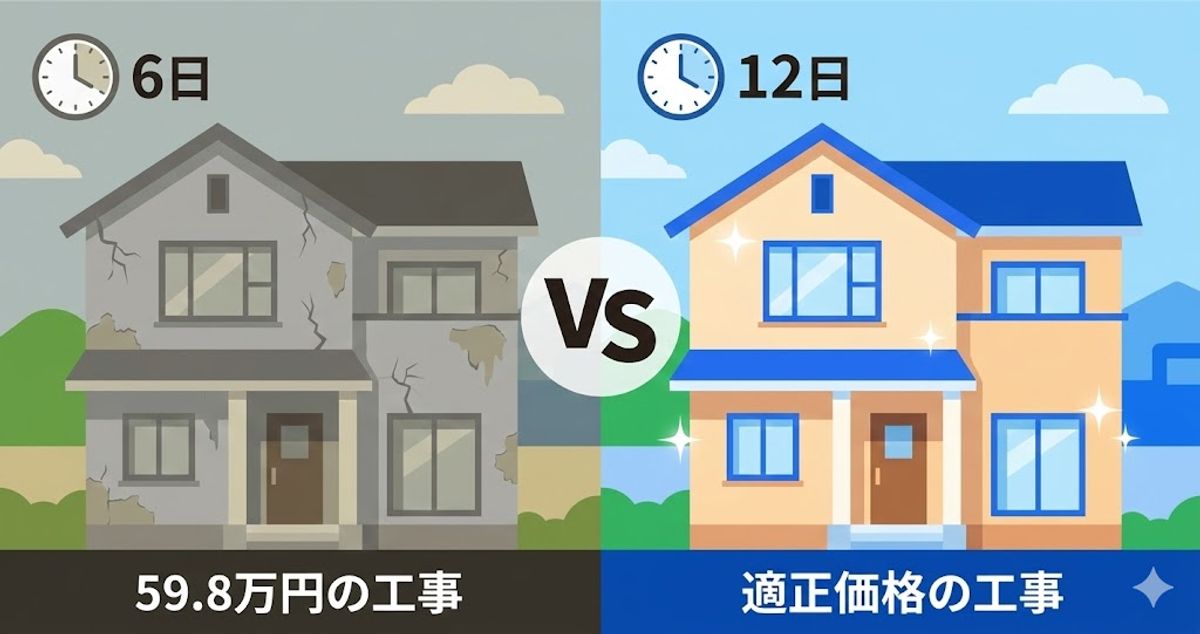 59.8万円の工事と適正価格の工事の比較。工期6日vs12日の違い
