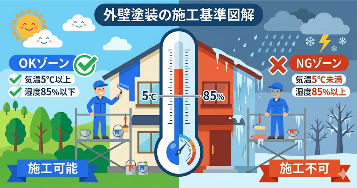 外壁塗装の施工基準図解|気温5℃以上・湿度85%以下がOKゾーン
