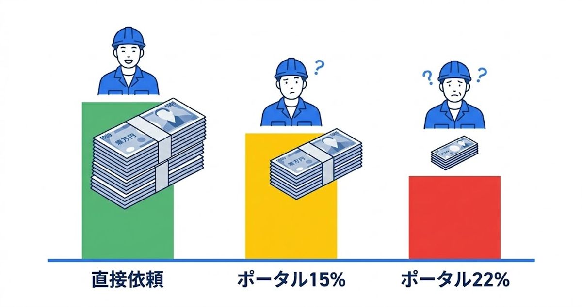 直接依頼・ポータル15%・ポータル22%の3パターンで職人に届く金額を比較した棒グラフ
