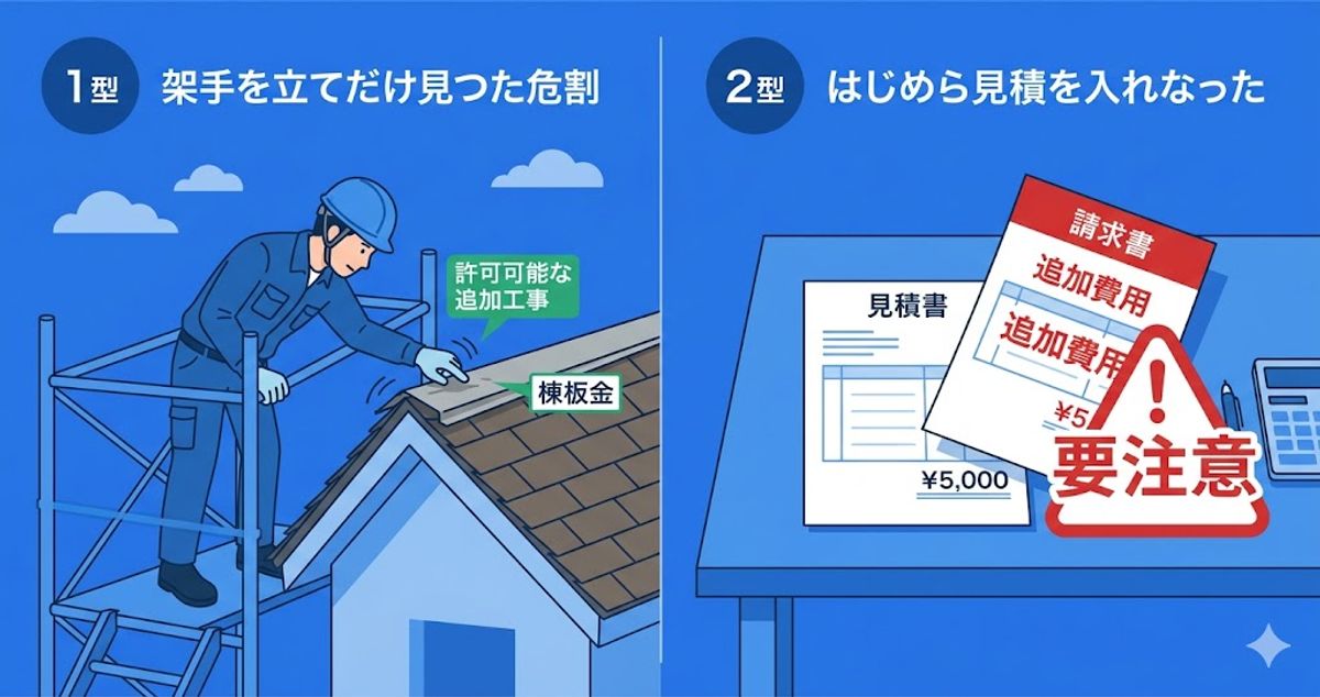 追加工事の2タイプ比較（1型：足場を立てて見つかった劣化、2型：はじめから見積を入れなかった）