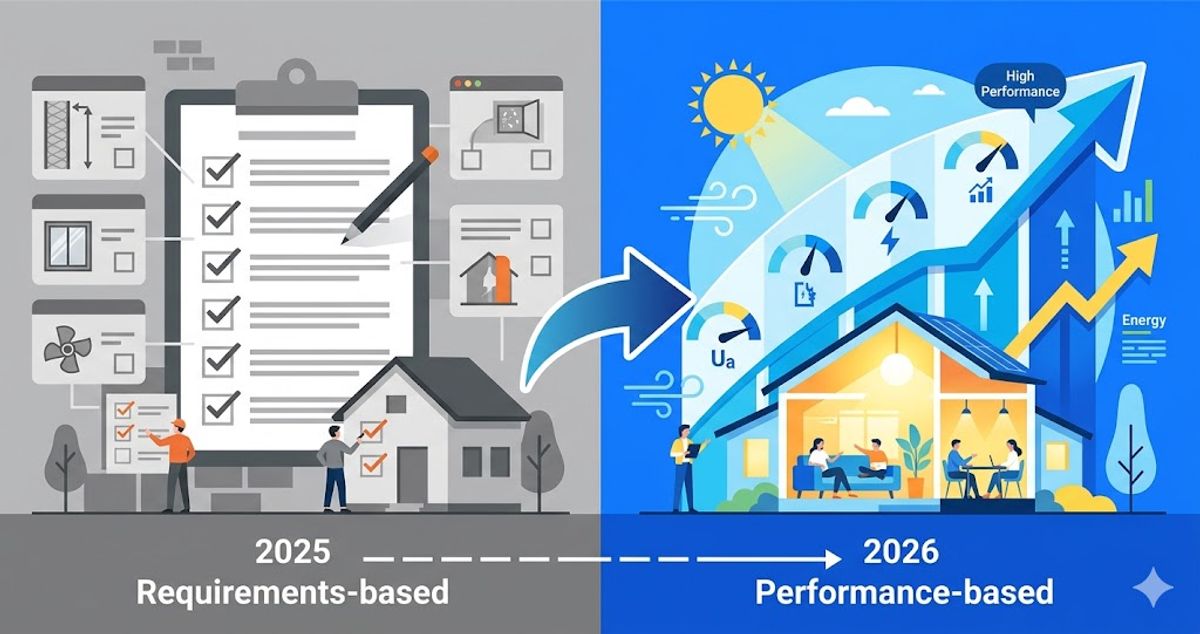 住宅省エネ補助金の制度変更:2025年の要件型から2026年の性能型への移行を示す比較図