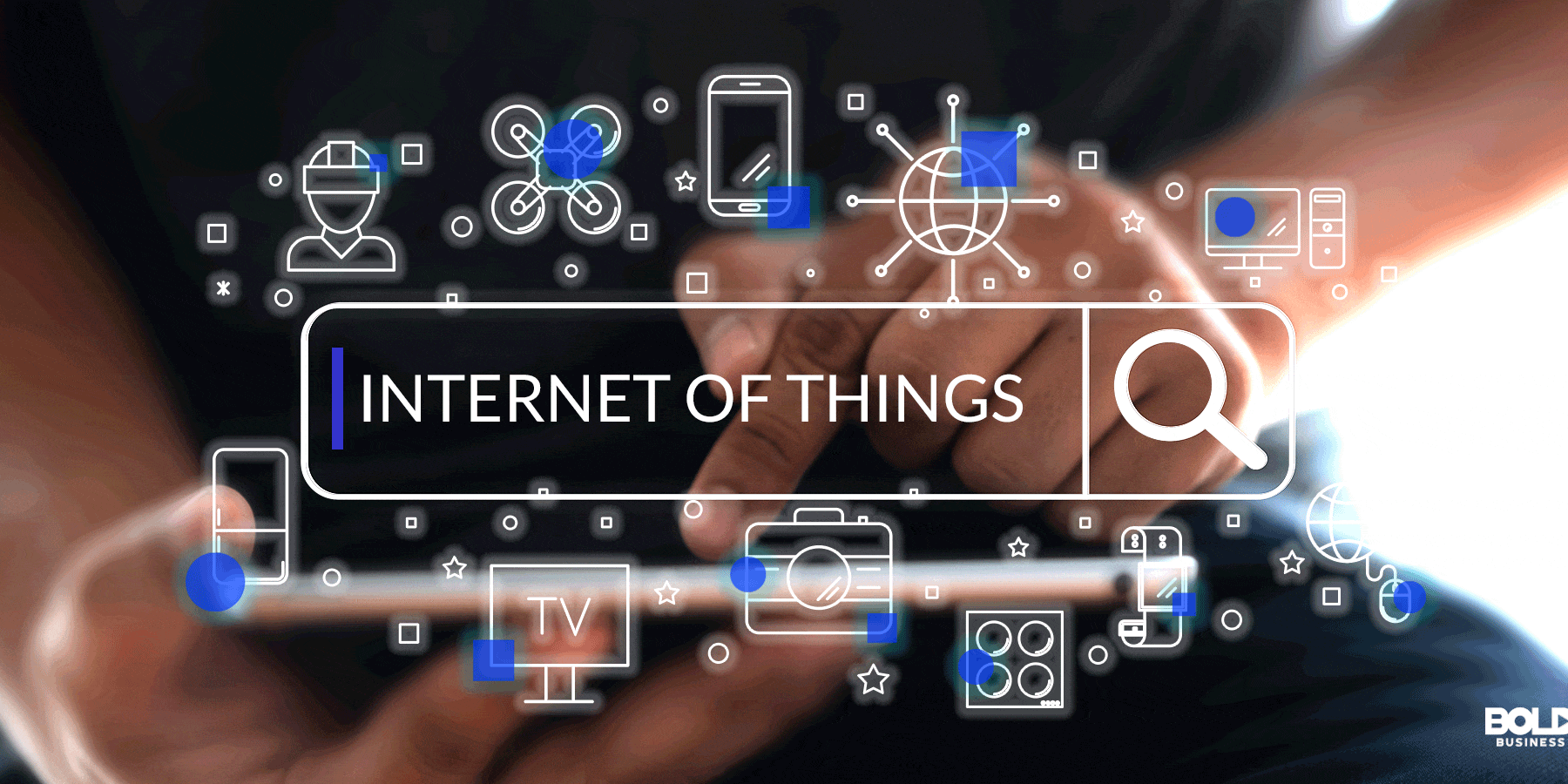 Visual representation of the Internet of Things (IoT), featuring interconnected devices like smart thermostats, wearables, and industrial equipment, all communicating and analyzing real-time data to improve efficiency in sectors like healthcare, supply chain management, and smart cities.
