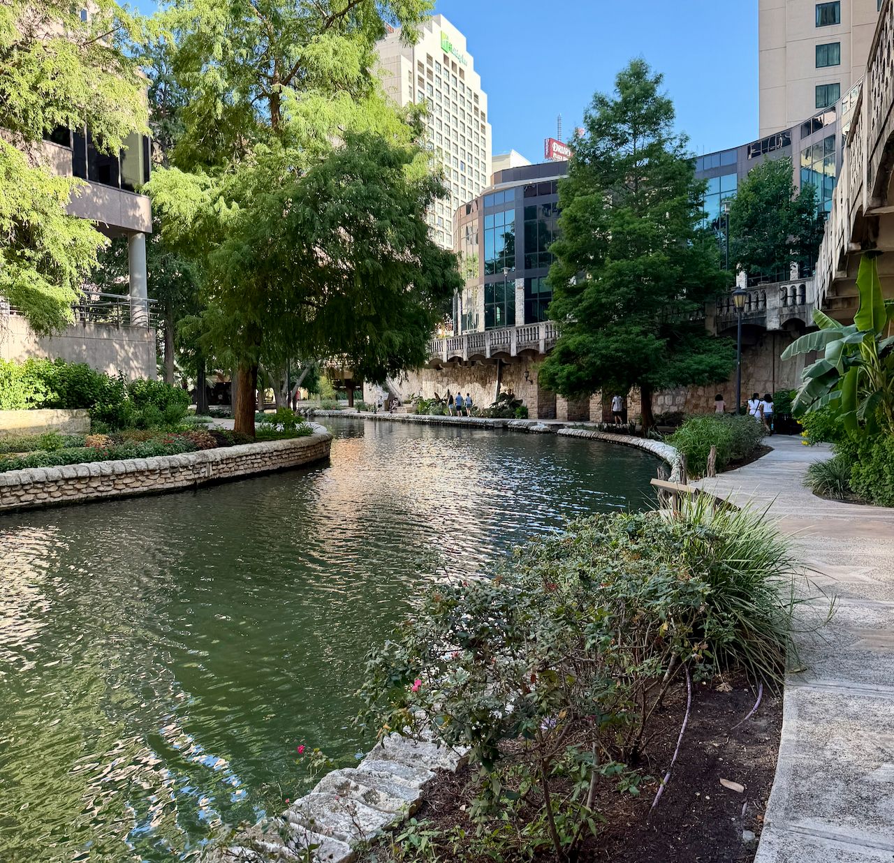 A tree-lined section of the San Antonio River Walk curves between landscaped banks and downtown buildings on a sunny afternoon.