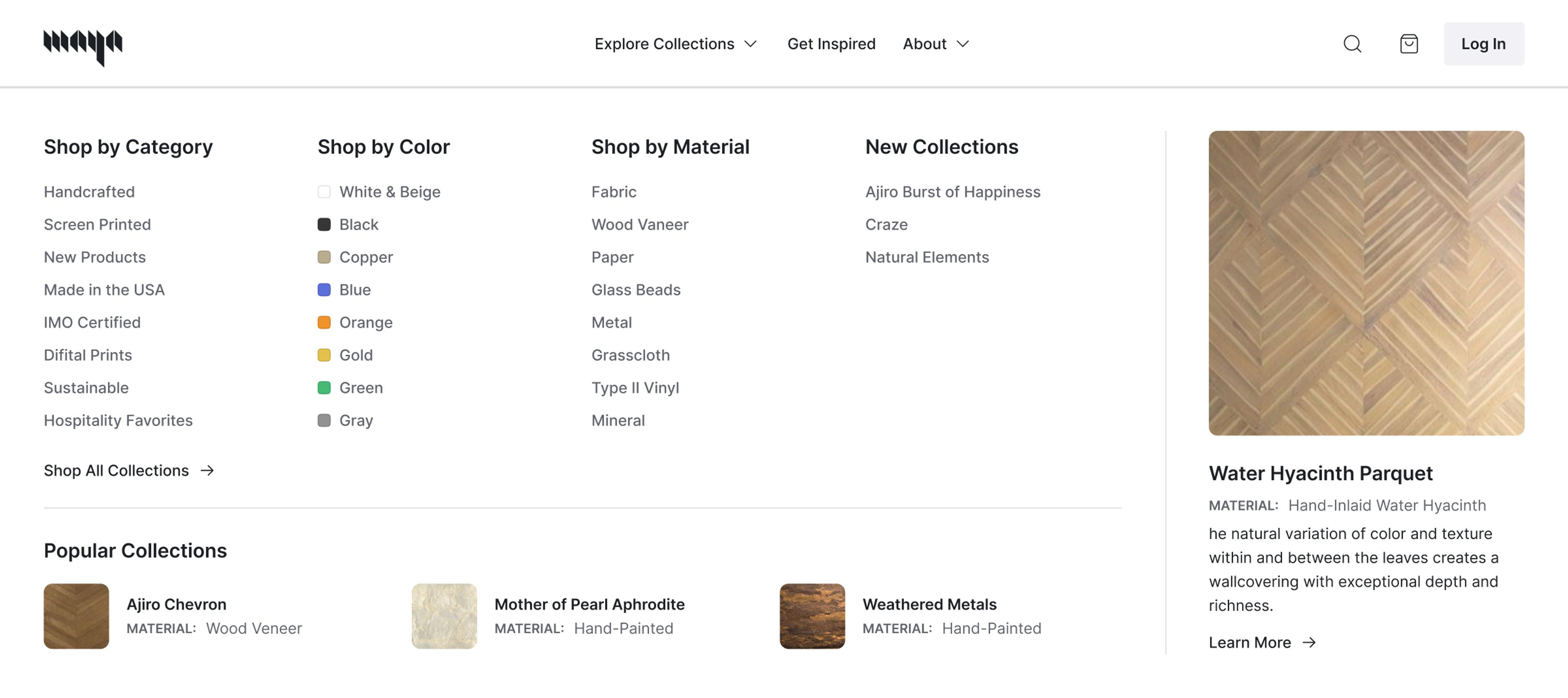 The "Explore Collections" menu dropdown showing shopping pathways