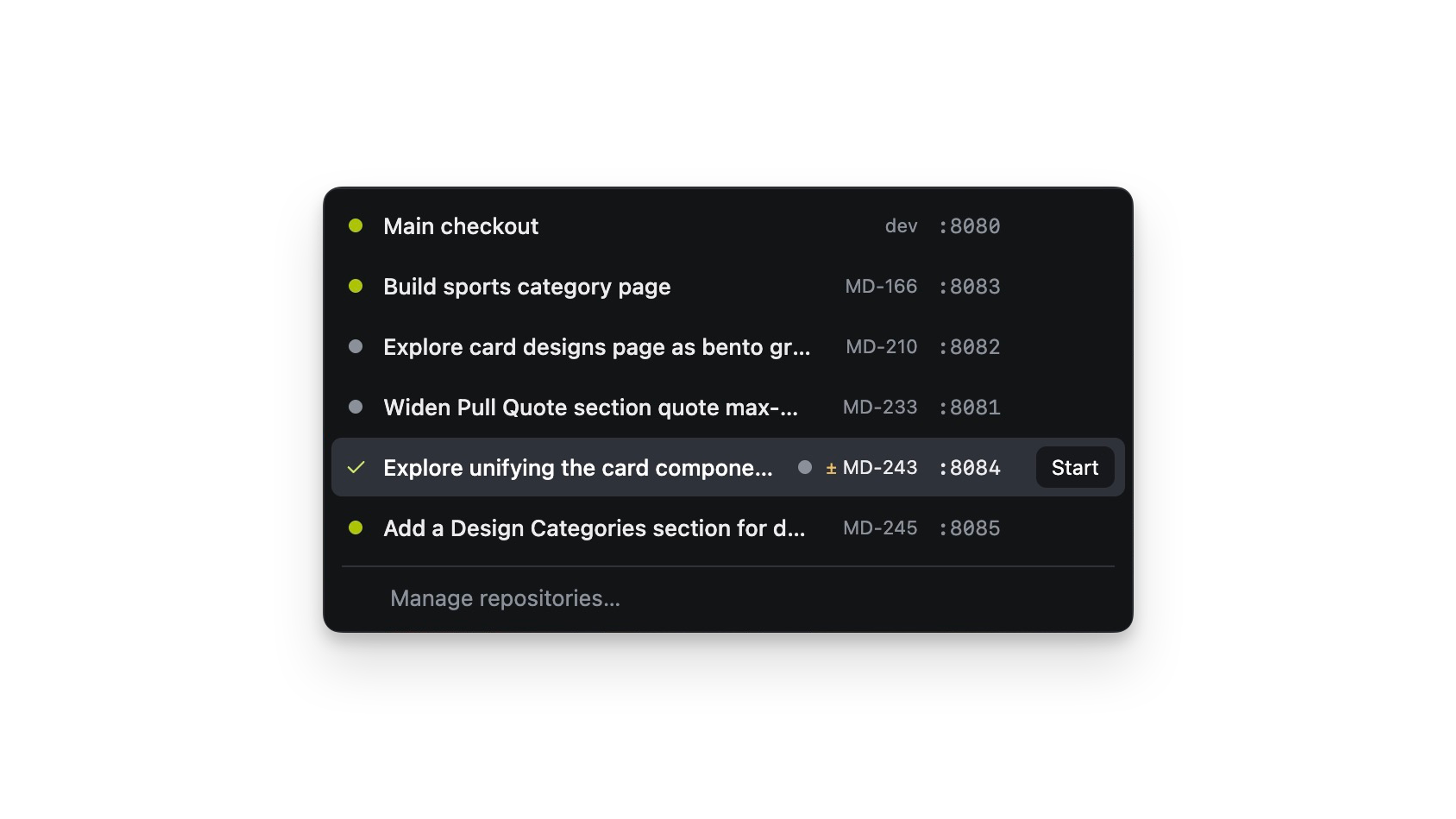 The switcher with 5 worktrees listed