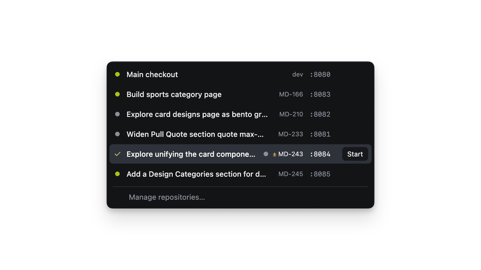 The switcher with 5 worktrees listed