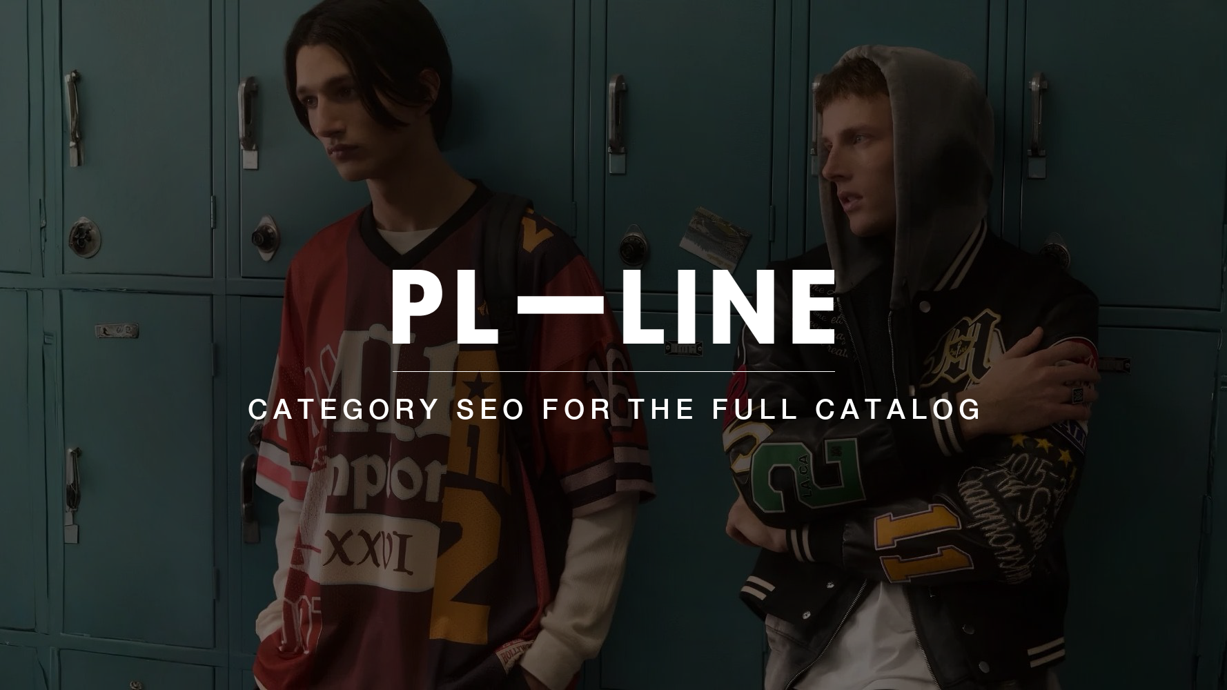 Two models in PL Line designer menswear in front of a row of lockers, with the PL-LINE wordmark