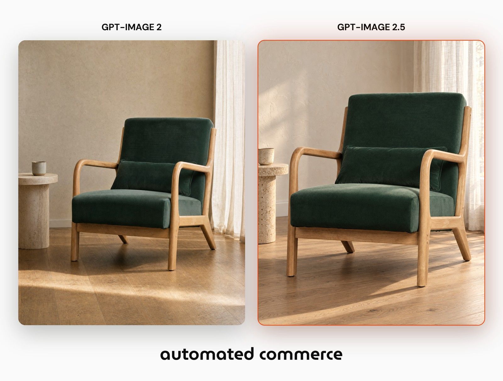 Side by side comparison of the same furniture packshot rendered by GPT Image 2 and GPT Image 2.5