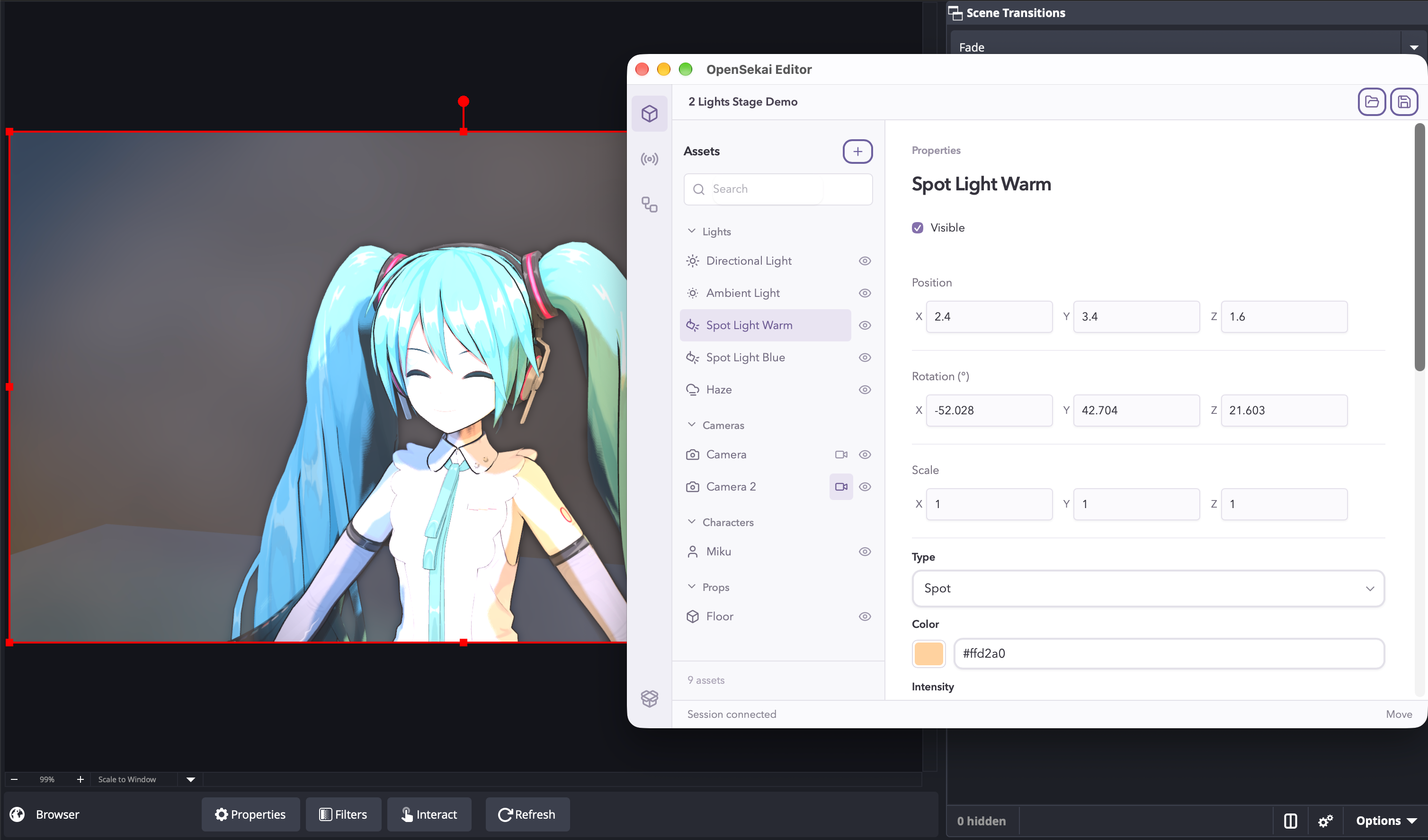 Screenshot of the OpenSekai editor and OBS final render preview.
