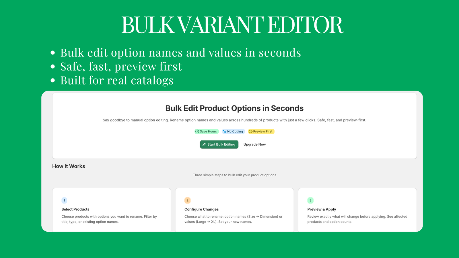 Bulk Variant Editor home page with the three steps