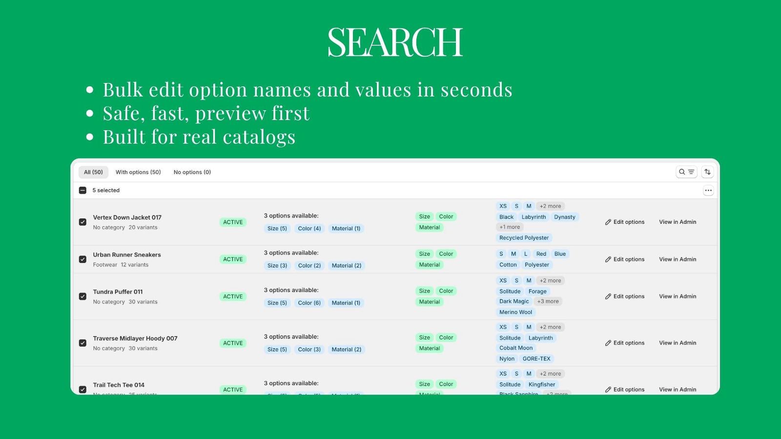 Product list with search, filters and variant options