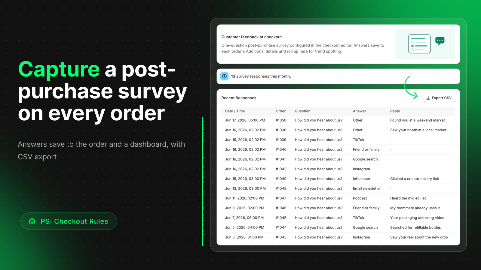 Post-purchase survey answers saved to each order