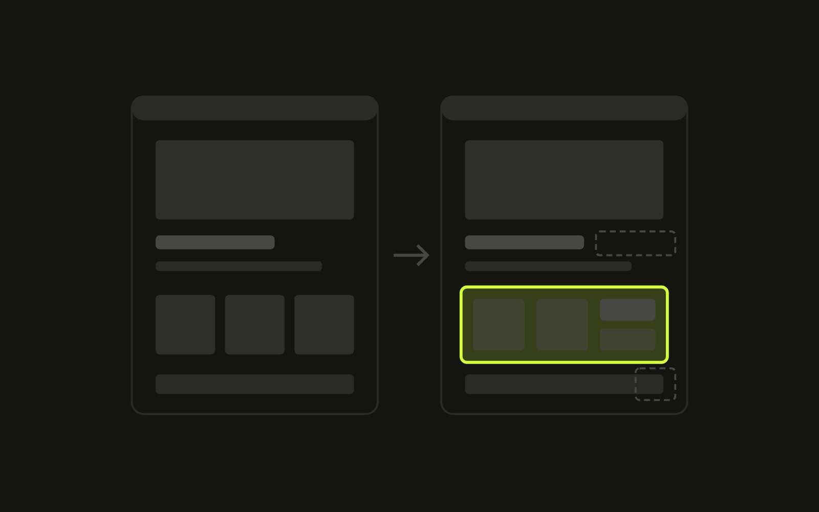Two page wireframes: a clean paid theme, and the same theme with extra sections bolted on, the custom part highlighted