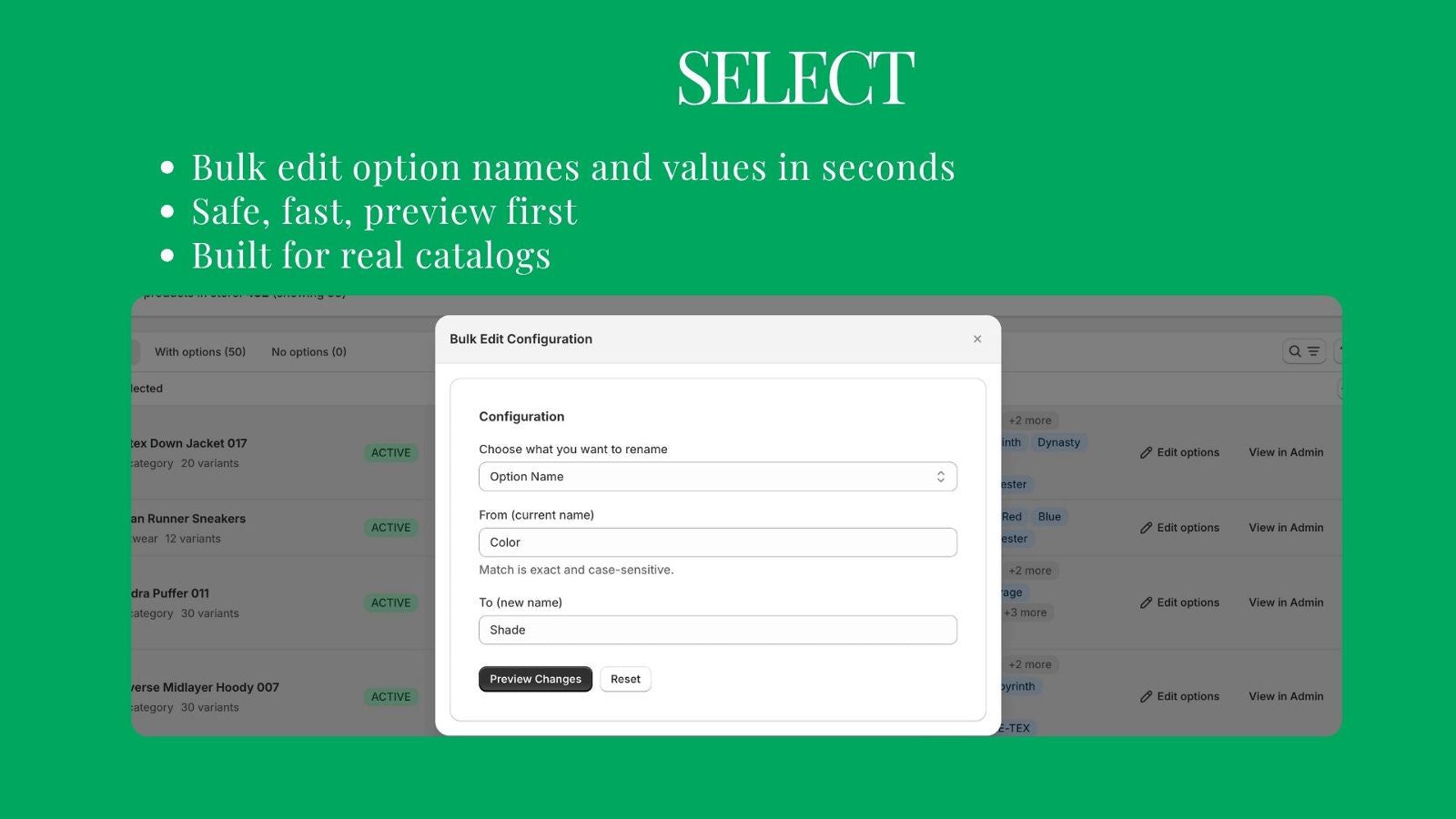 Preview showing affected products and variant counts