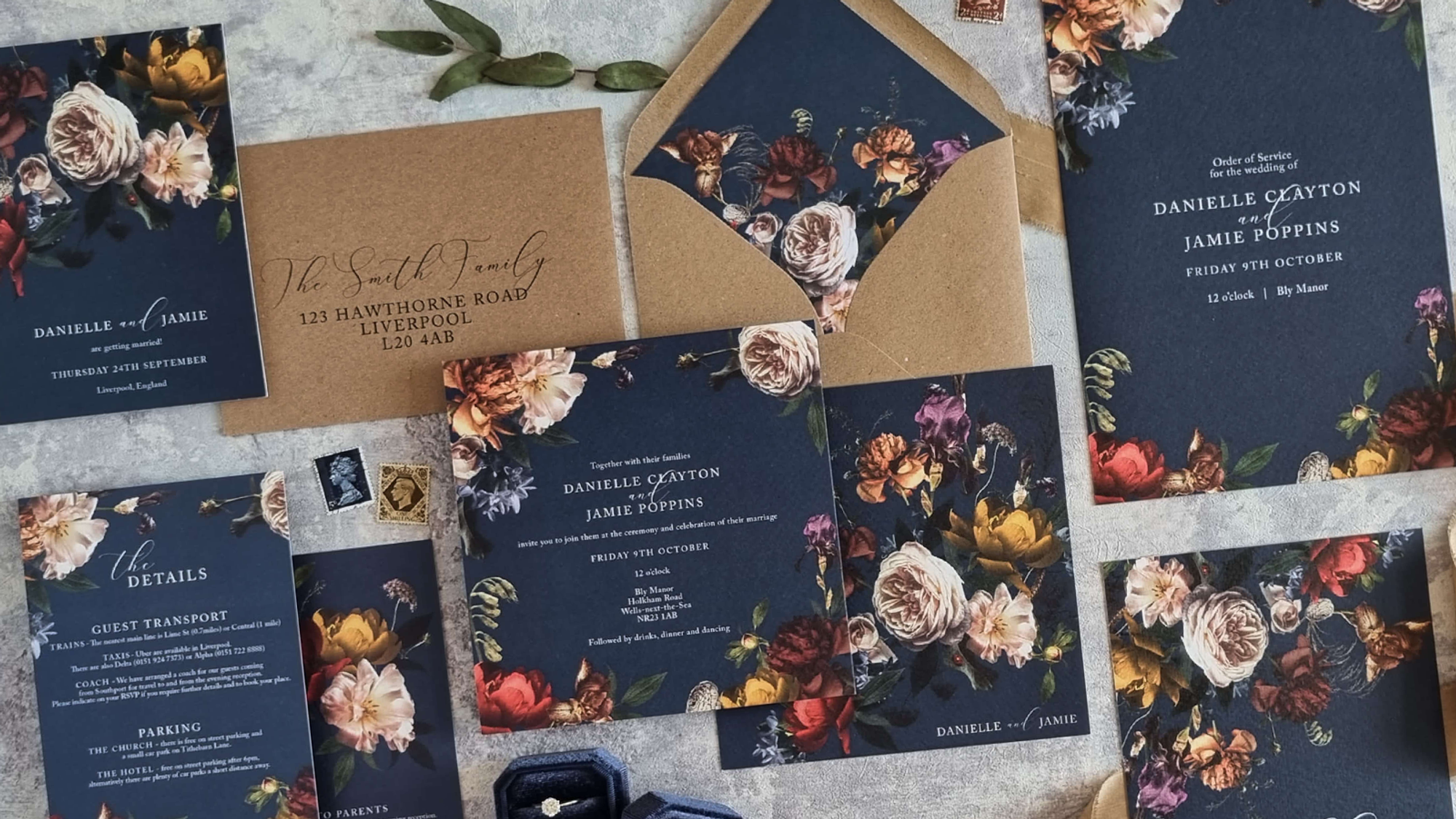 Dutch Masters Floral navy blue maximalist wedding invitations