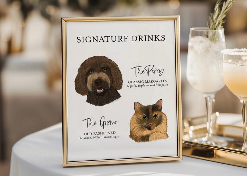 wedding signature cocktail sign with pet portrait illustrations