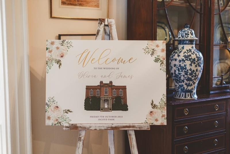 Welcome Sign with venue illustration of Iscoyd Park