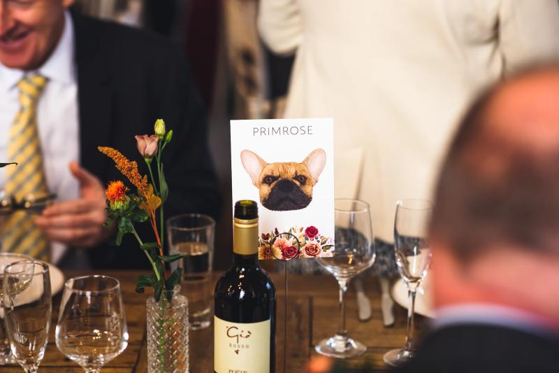 wedding table name with pet portrait illustration