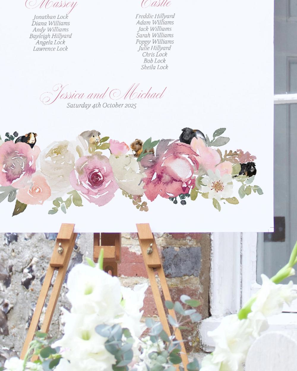 wedding table plan detail showing guinea pig illustrations in the florals