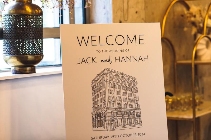 Welcome sign with Oh Me Oh My venue illustration