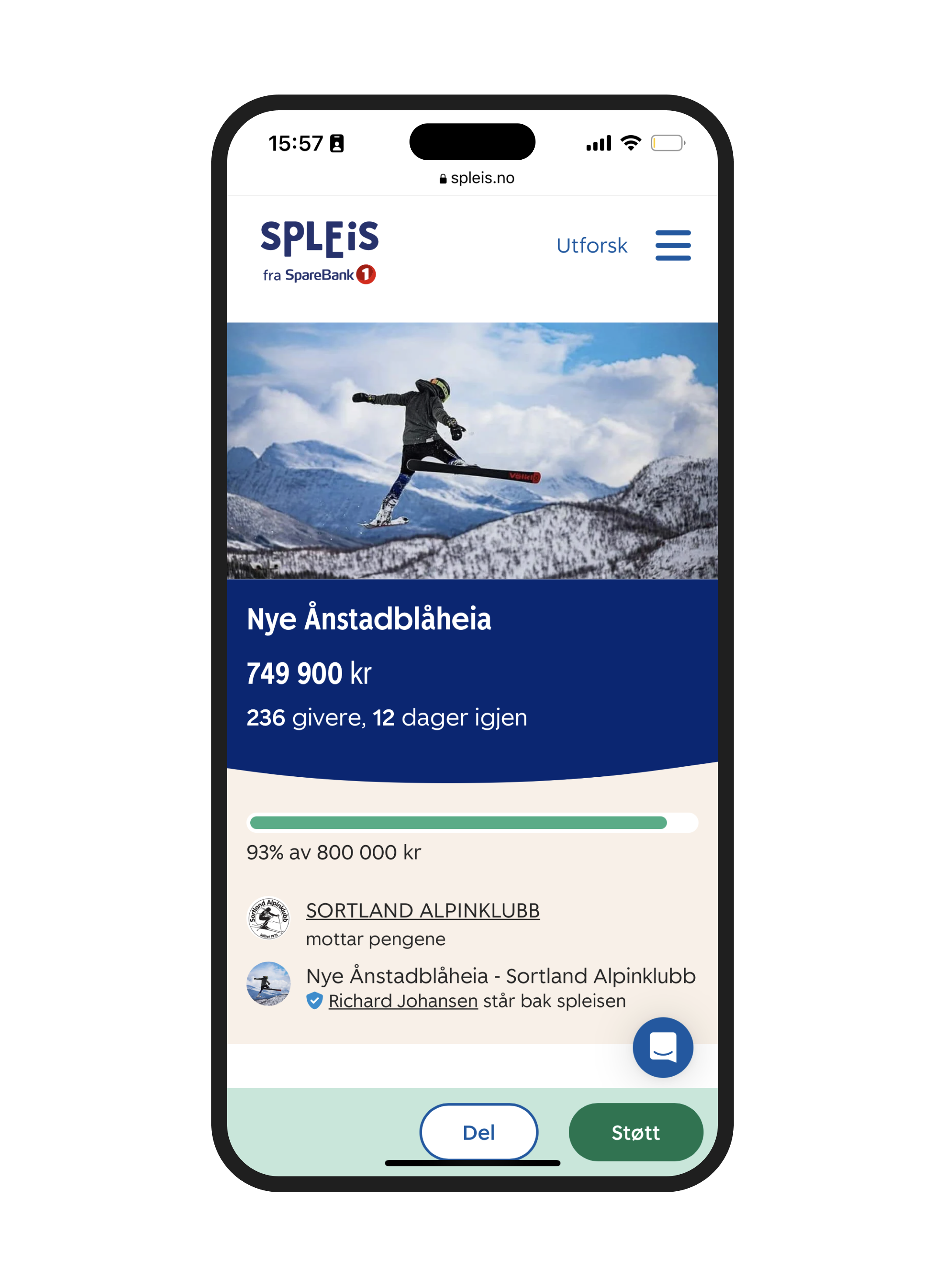 En spleiseaksjon på Spleis.no på mobil. Skjermbilde.