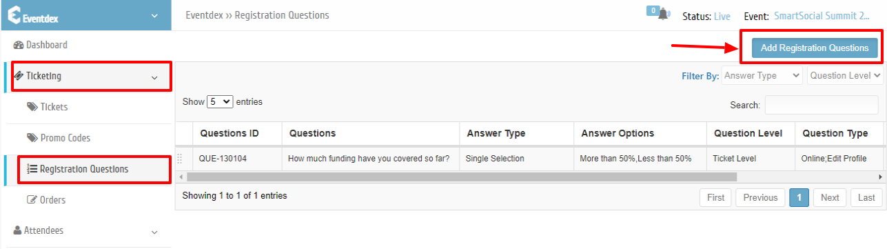 Registration Questions option