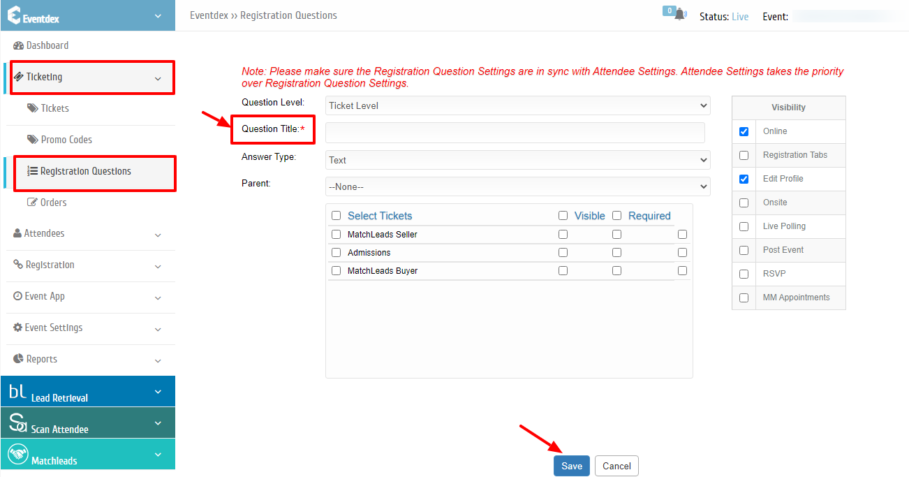 Add Registration Questions screen